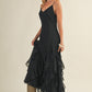 Black Lace V Neck Ruffled Cami Dress