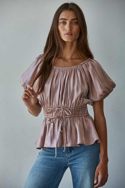 Dusty Rose Belle Ribbon Tie Peplum Top