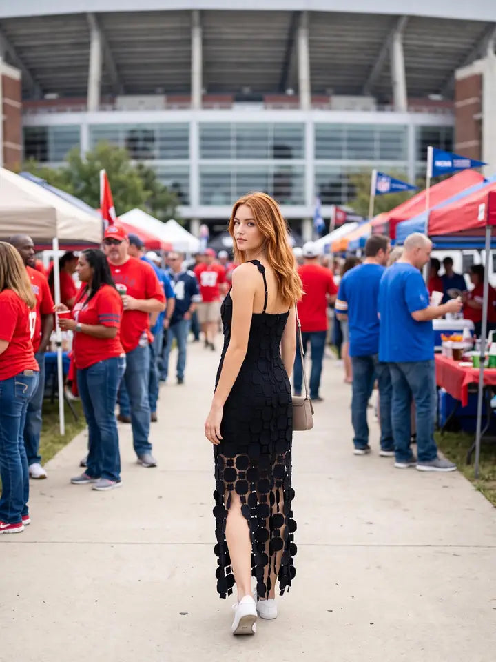 3D Lace Appliqué Fringe Hem Bodycon Midi Dress
