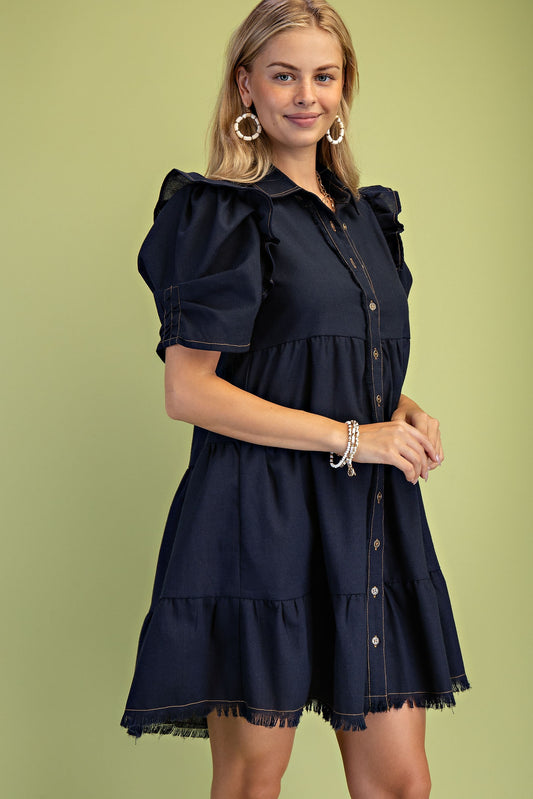 Dark Navy Linen Button Up Shirt Dress