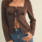 Dark Brown Square Neck Front Tie Long Sleeve Top