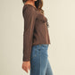 Dark Brown Square Neck Front Tie Long Sleeve Top