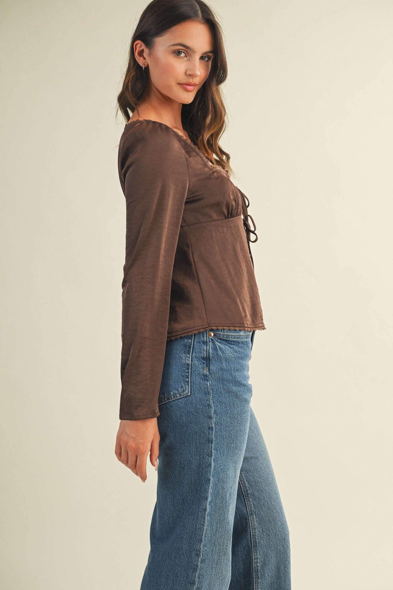 Dark Brown Square Neck Front Tie Long Sleeve Top