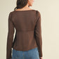 Dark Brown Square Neck Front Tie Long Sleeve Top