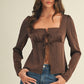 Dark Brown Square Neck Front Tie Long Sleeve Top