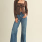 Dark Brown Square Neck Front Tie Long Sleeve Top