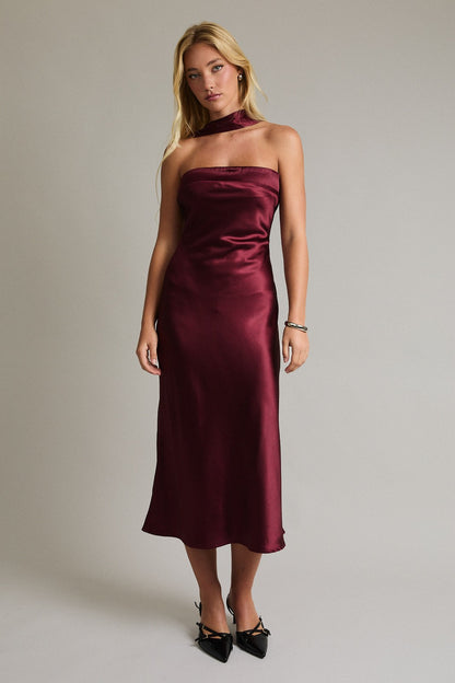 Ella Strapless Scarf Satin Midi Dress