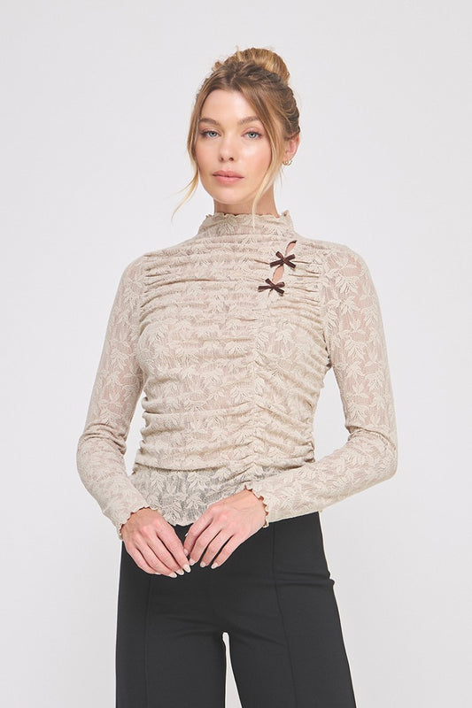French Beige Jacquard Lace Knit Asymmetric Ruched Mock Neck Top