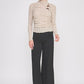 French Beige Jacquard Lace Knit Asymmetric Ruched Mock Neck Top