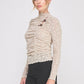 French Beige Jacquard Lace Knit Asymmetric Ruched Mock Neck Top