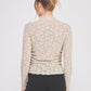 French Beige Jacquard Lace Knit Asymmetric Ruched Mock Neck Top