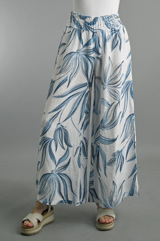 White Linen Leaf Palazzo Pants