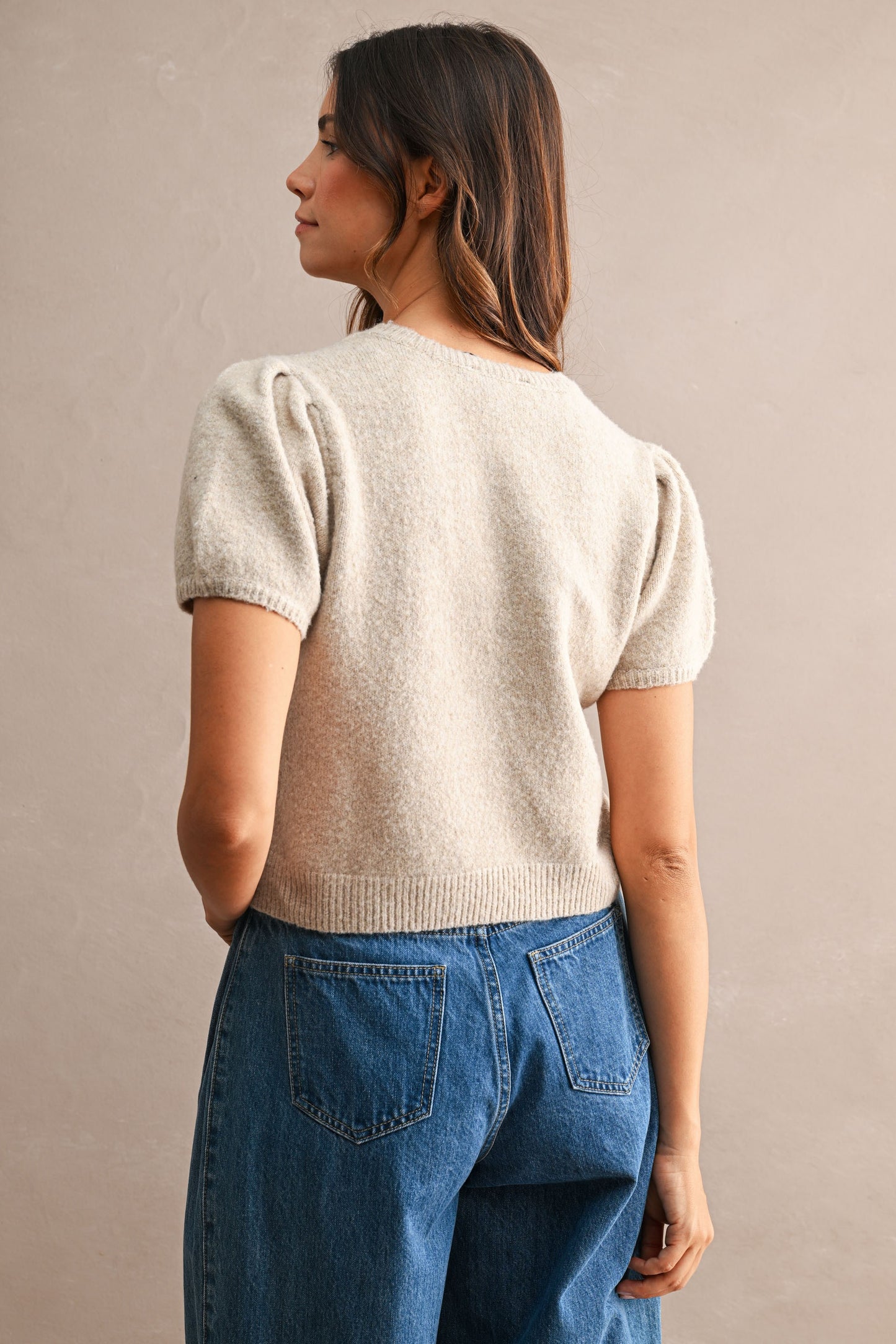Contrast Duck Jacquard Puff Sleeve Knit Cropped Top