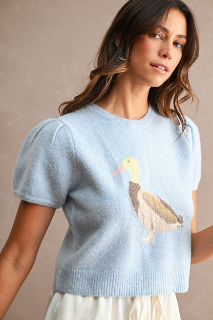 Contrast Duck Jacquard Puff Sleeve Knit Cropped Top
