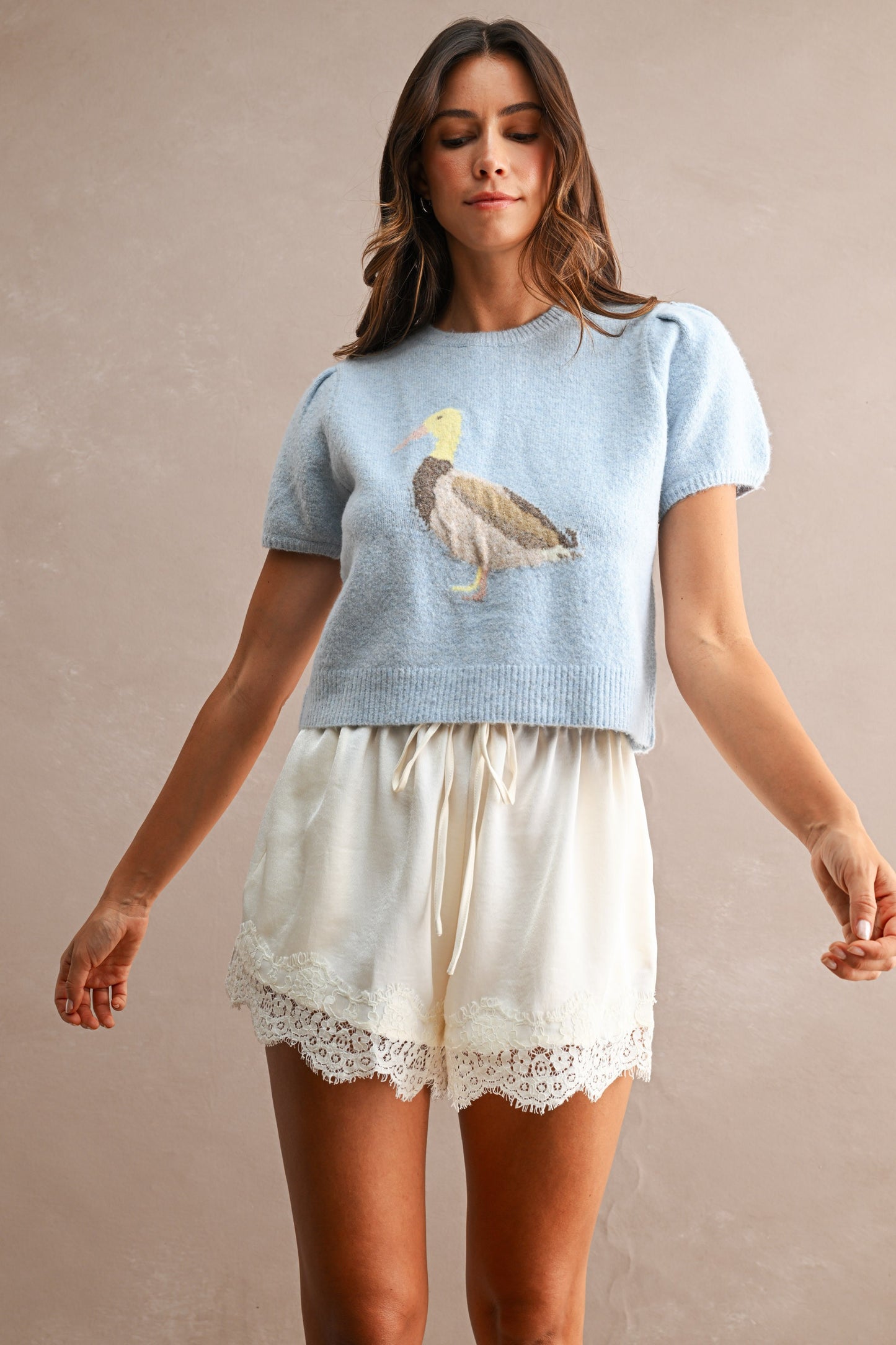 Contrast Duck Jacquard Puff Sleeve Knit Cropped Top