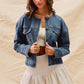 Collarless Denim Jacket With Front Pockets