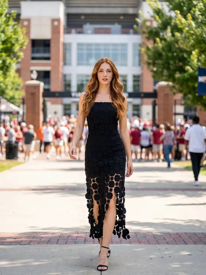 3D Lace Appliqué Fringe Hem Bodycon Midi Dress