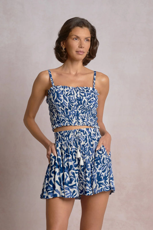 Blue Coralina Smocked Crop Top