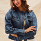Collarless Denim Jacket With Front Pockets