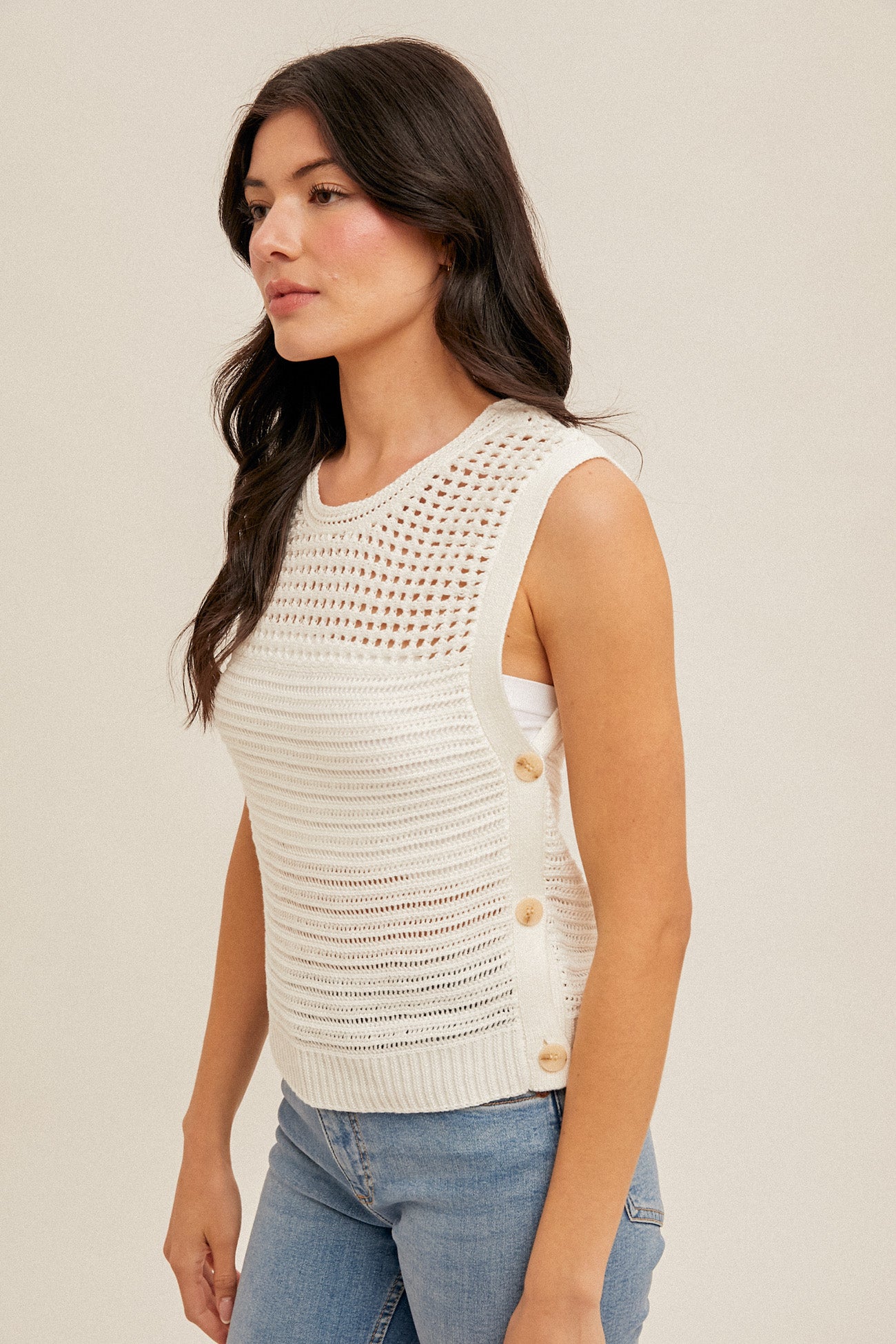 Cotton Side Button Detailed Sleeveless Sweater Top (Assorted Colors)