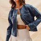 Collarless Denim Jacket With Front Pockets