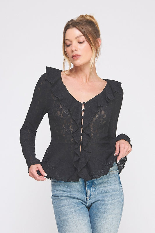 Black Jacquard Knit Lace Romantic Ruffle Blouse