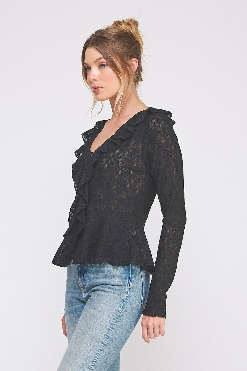 Black Jacquard Knit Lace Romantic Ruffle Blouse