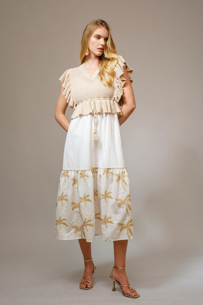 Open Knit Ruffle Sleeve Embroidered Midi Dress Set