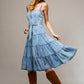 Light Wash Garment Washed Tiered Zip Midi Dress