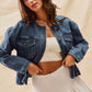 Collarless Denim Jacket With Front Pockets