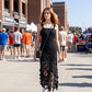 3D Lace Appliqué Fringe Hem Bodycon Midi Dress