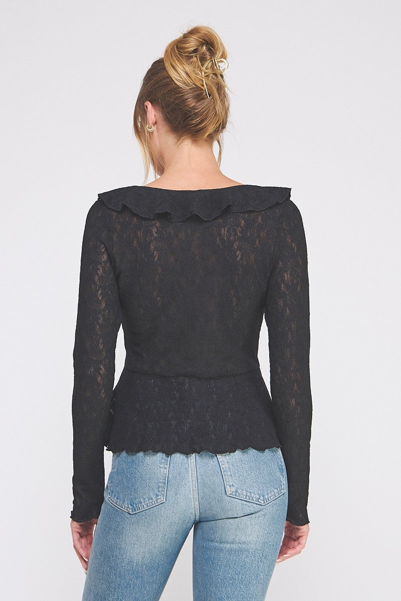 Black Jacquard Knit Lace Romantic Ruffle Blouse