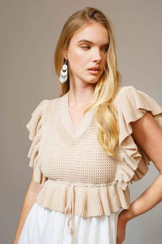 Open Knit Ruffle Sleeve Embroidered Midi Dress Set
