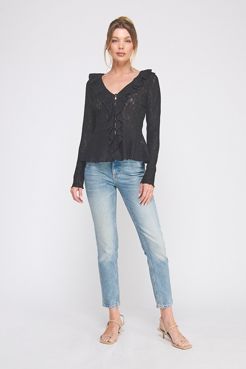 Black Jacquard Knit Lace Romantic Ruffle Blouse