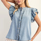 Washed Ruffle Trim Flutter Sleeve Chambray Blous