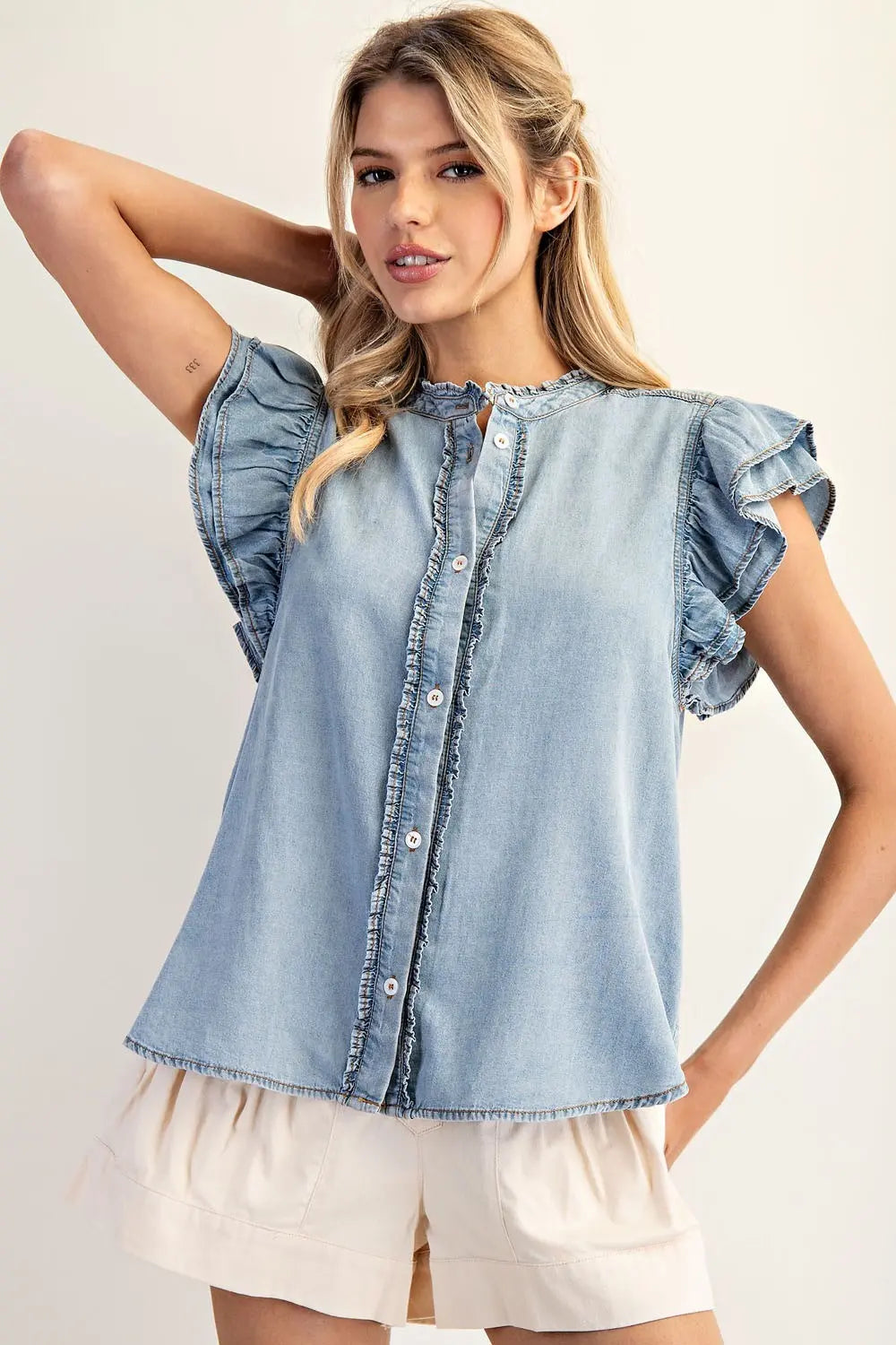 Washed Ruffle Trim Flutter Sleeve Chambray Blous