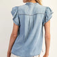 Washed Ruffle Trim Flutter Sleeve Chambray Blous