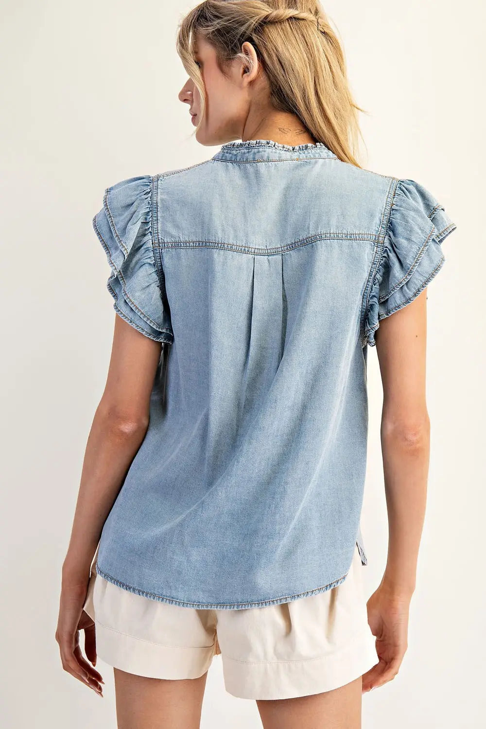 Washed Ruffle Trim Flutter Sleeve Chambray Blous