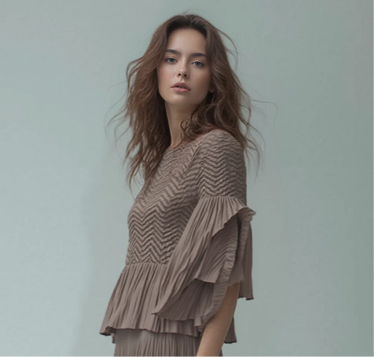 Pleated blouse top with flared sleeves & sweep (Mocha)