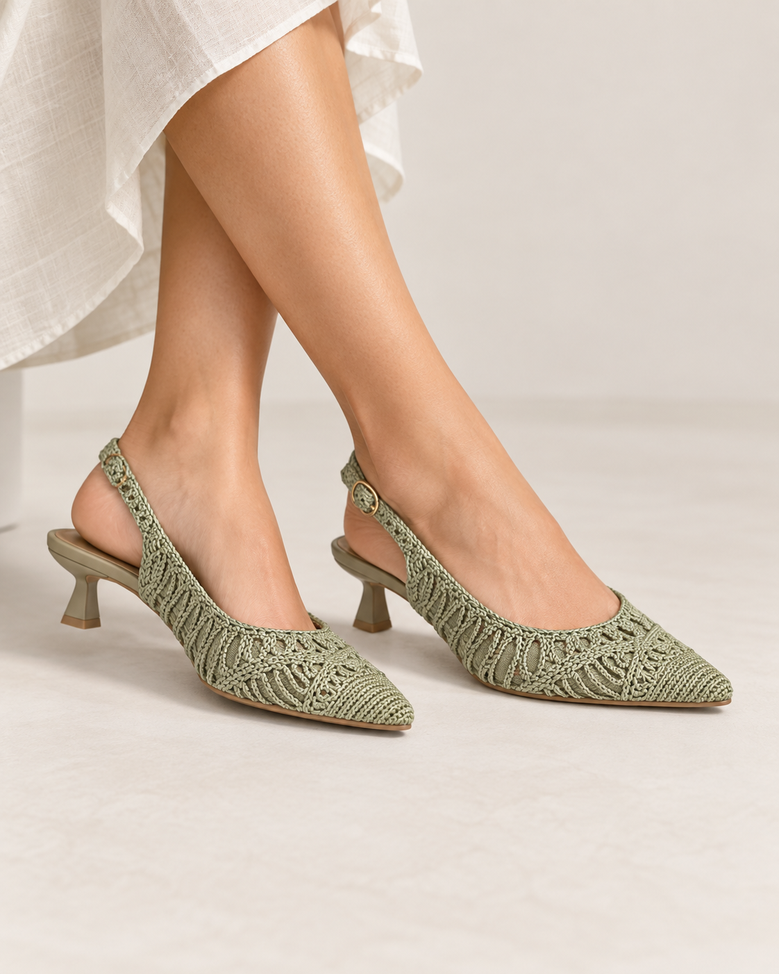 Bruno Menegatti Chari-Sling Back Sage Crochet Kitten Heel