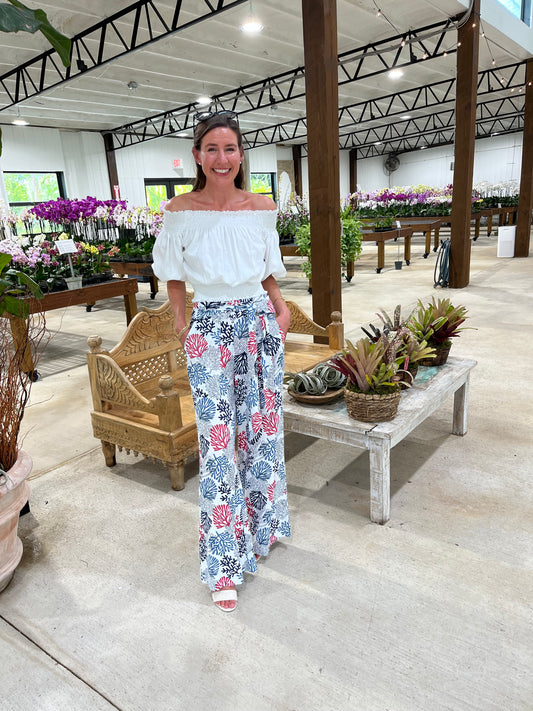 Front Tie Linen Blend Pants with Coral Print