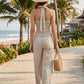 Lace Trim Halter Linen Top and Matching Wide-Leg Pants Set