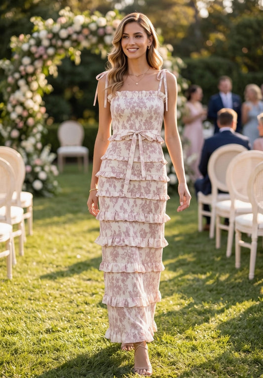 Blush Floral Smocked Ruffle Maxi Dress