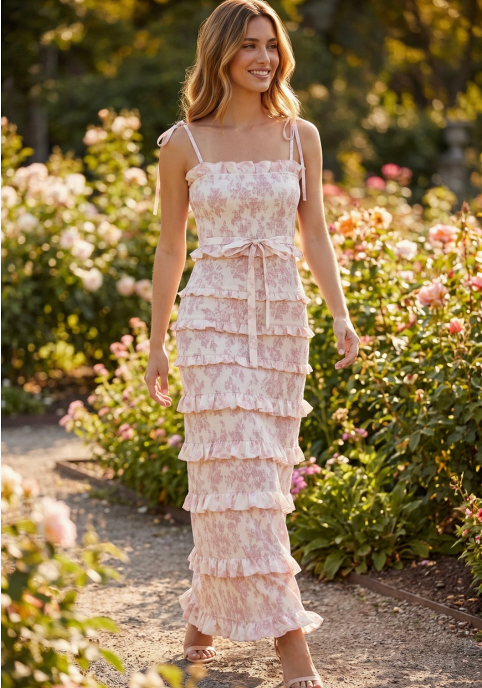 Blush Floral Smocked Ruffle Maxi Dress