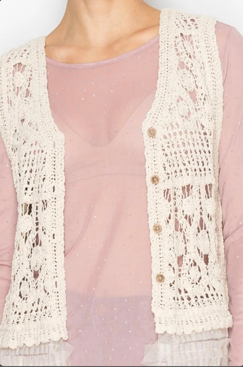 Boho Crochet Lace Maxi Duster Vest Top, Tiered Ruffle Tulle Mesh Long Cardigan