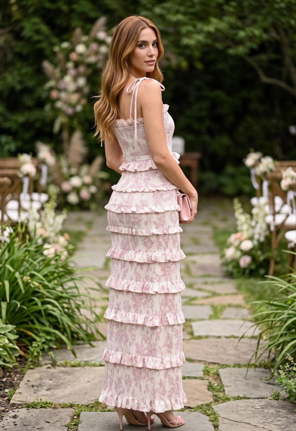 Blush Floral Smocked Ruffle Maxi Dress