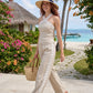 Lace Trim Halter Linen Top and Matching Wide-Leg Pants Set
