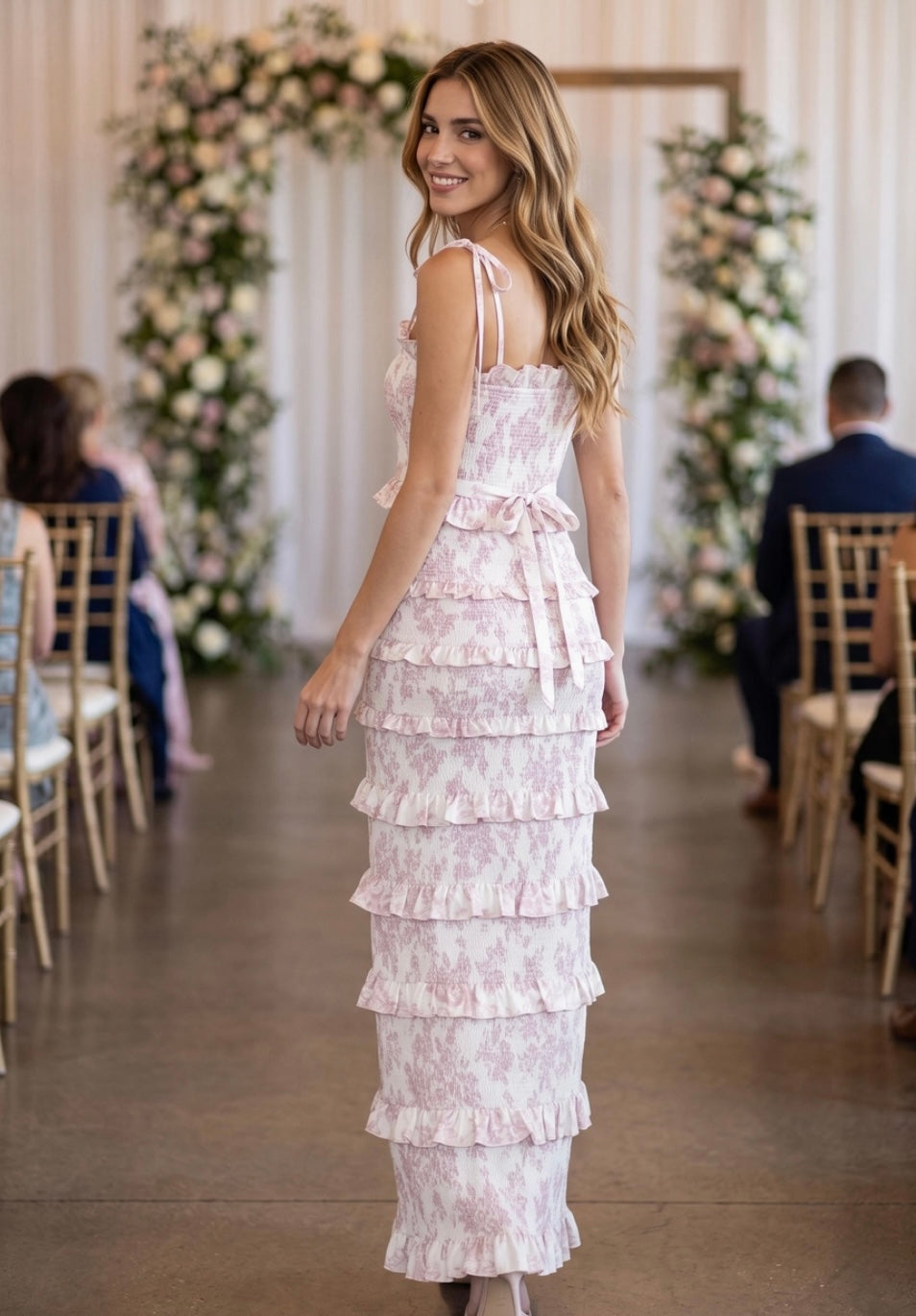 Blush Floral Smocked Ruffle Maxi Dress