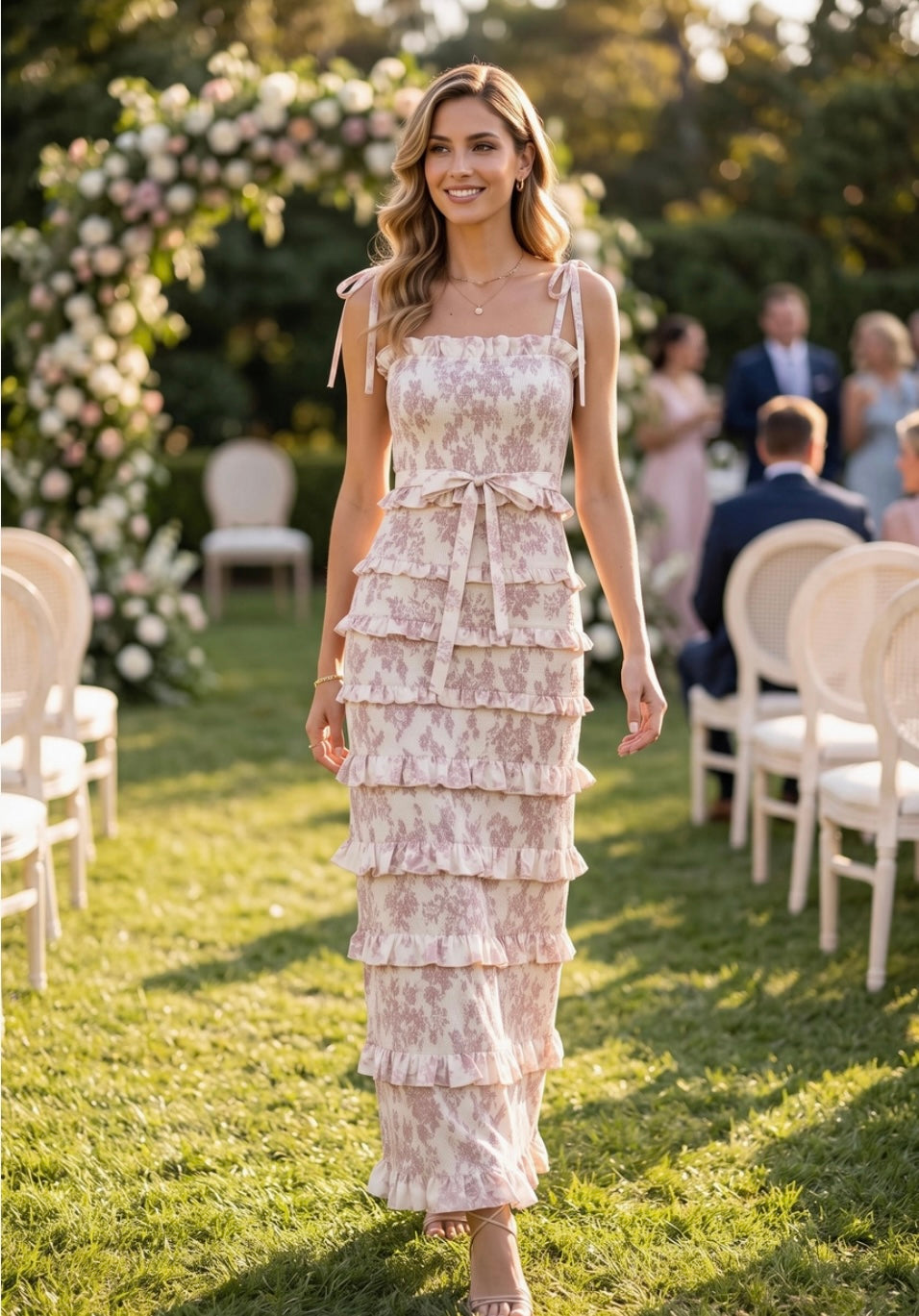 Blush Floral Smocked Ruffle Maxi Dress