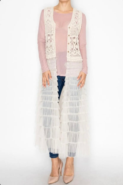 Boho Crochet Lace Maxi Duster Vest Top, Tiered Ruffle Tulle Mesh Long Cardigan